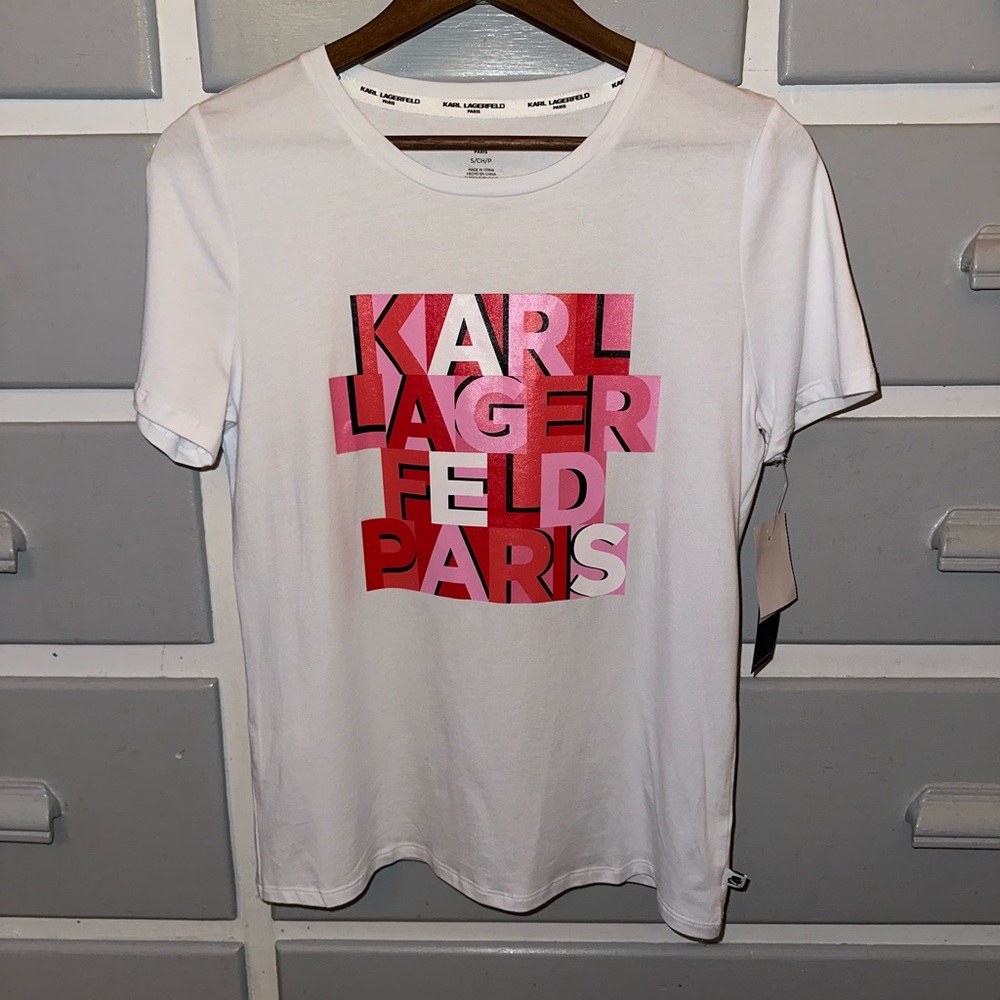 Karl Lagerfeld Paris White T-Shirt with Red and Pink Logo